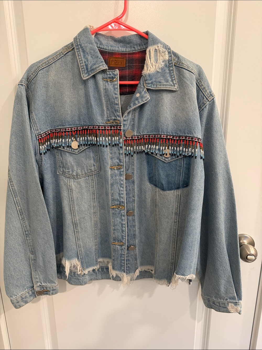POL Light Wash Denim Jacket with Red and Blue Beaded Fringe